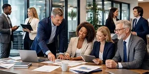 Professional services consulting team collaborating in a modern office environment for Tier2Tek Staffing solutions