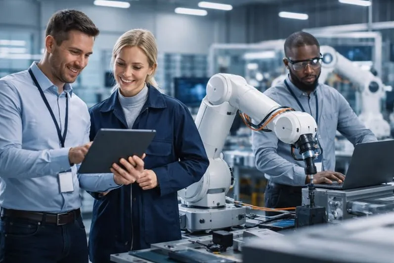 Robotics engineers collaborating with industrial robotic arm in a modern automation facility