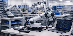 Robotics manufacturing facility with industrial robotic arms and automation systems.