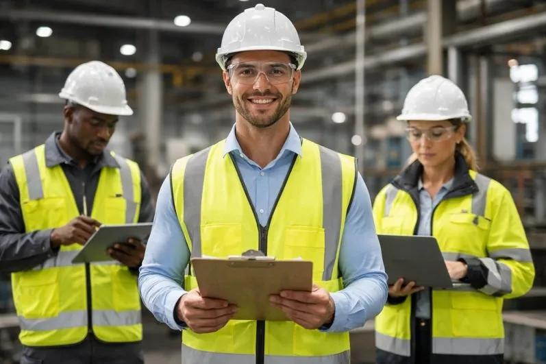 Safety engineers conducting on-site safety review in an industrial facility for direct hire staffing support.