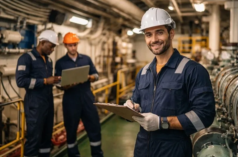 Ship engineers working in a vessel engine room supporting direct hire marine engineering staffing by Tier2Tek Staffing