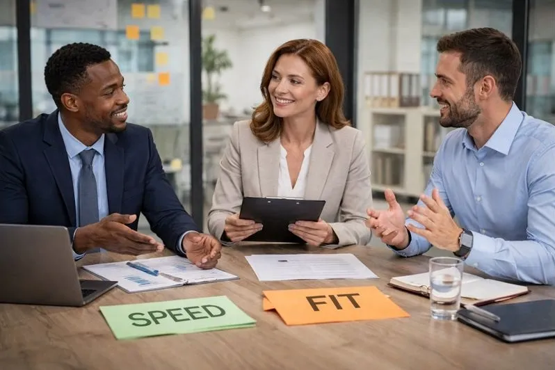 Balanced hiring discussion showing recruiters aligning speed and candidate fit during a professional team meeting