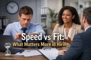 Speed vs Fit in hiring showing recruiter under time pressure contrasted with candidate interview focused on team alignment and hiring quality