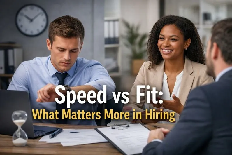 Speed vs Fit in hiring showing recruiter under time pressure contrasted with candidate interview focused on team alignment and hiring quality