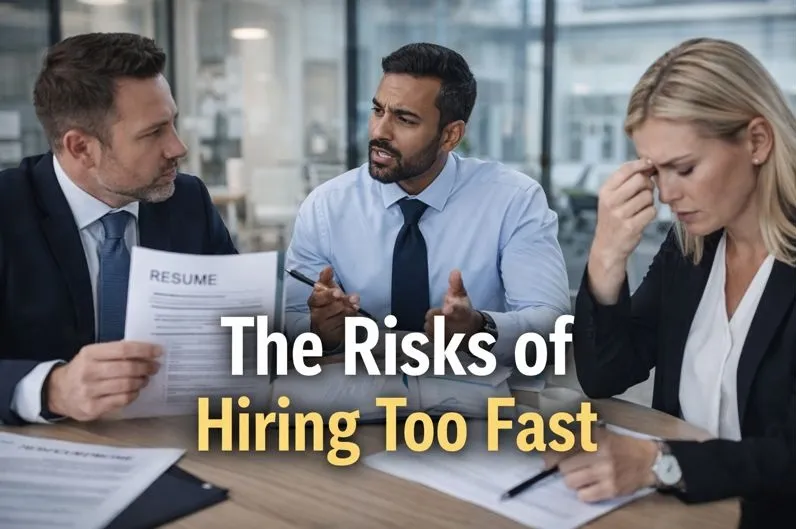 Risks of hiring too fast shown through tense recruiter discussion reviewing resumes and rushed hiring decisions in a corporate office