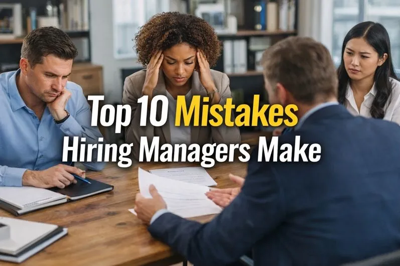 Top 10 mistakes hiring managers make during interviews and candidate evaluation in a professional office hiring meeting