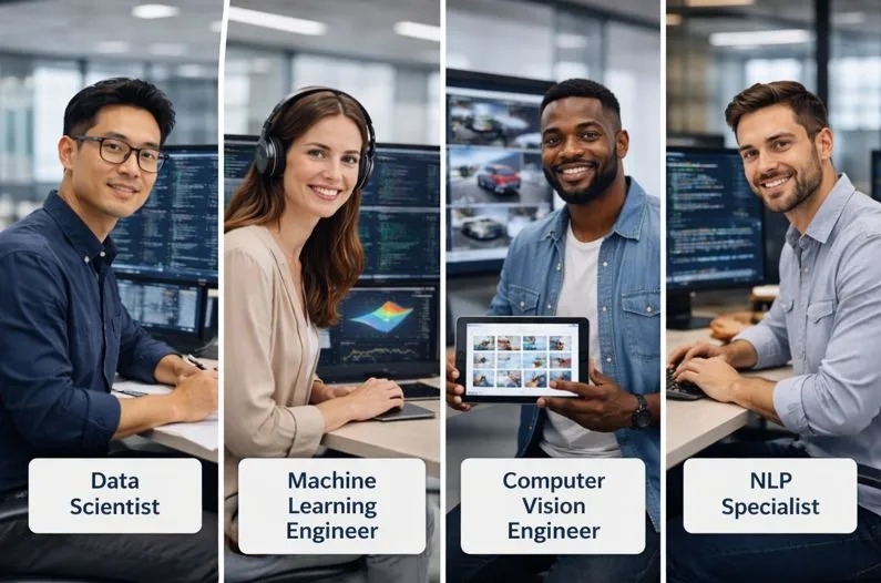 Algorithms engineers across machine learning, computer vision, data science, and NLP working in professional environments.