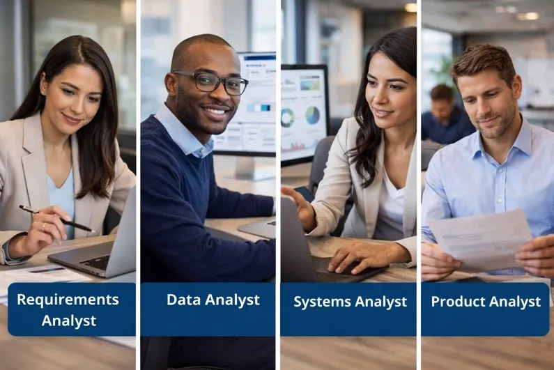 Different types of Business Analyst professionals performing analysis, data review, and systems work in real office environments.