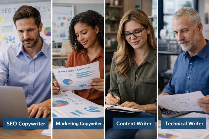 Different types of copywriters working across marketing, SEO, content, and technical roles