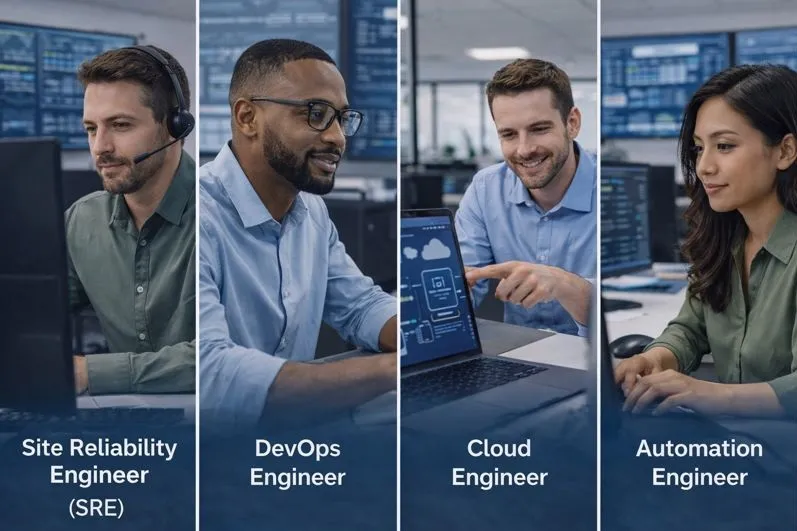 Different DevOps professionals including SRE, cloud, automation, and DevOps engineers working in real office environments