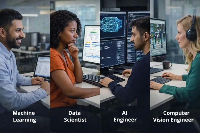 Machine learning professionals including data scientists and AI engineers in real work environments