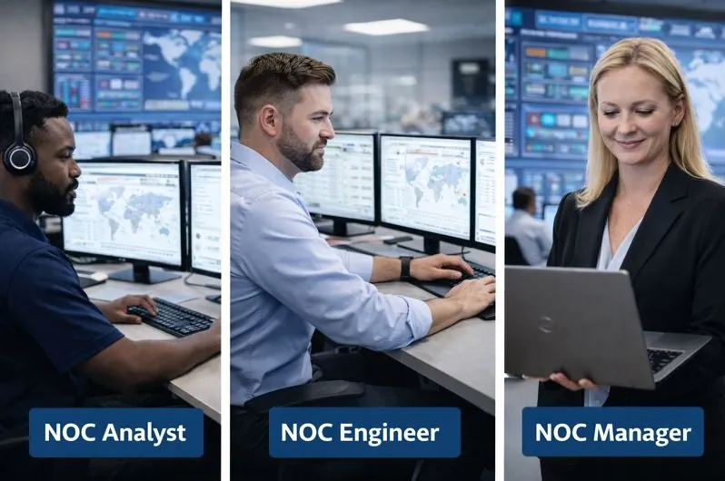 NOC analyst, NOC engineer, and NOC manager performing network operations roles
