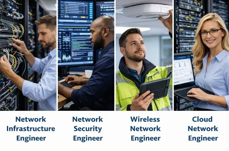 Different types of network engineers working across infrastructure security wireless and cloud environments