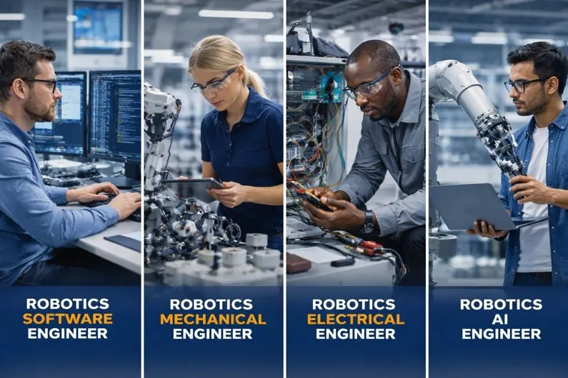 Different types of robotics engineers including software, mechanical, electrical, and AI professionals