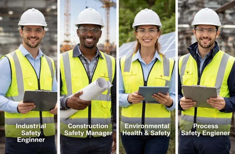 Different types of safety engineers across industrial, construction, environmental, and process safety roles.