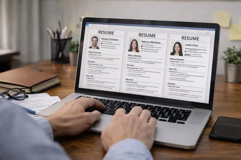 Recruiter reviewing multiple candidate resumes on a laptop after ATS screening for Tier2Tek Staffing