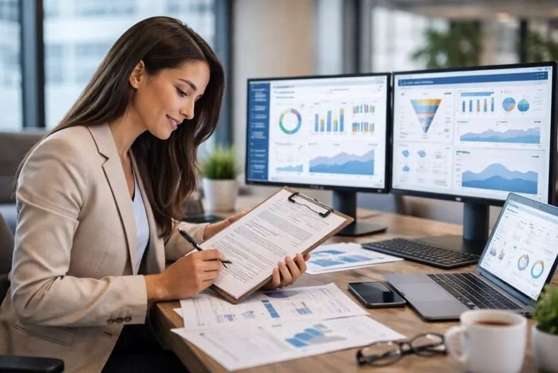 Business analyst reviewing dashboards and requirements documentation in a professional office environment.