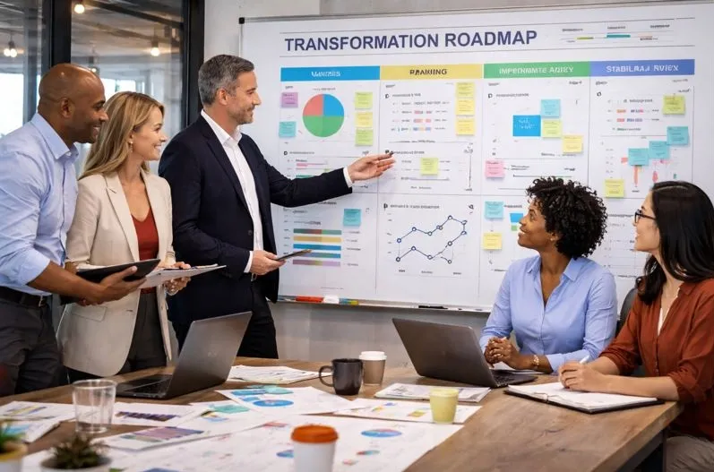 Leadership team planning enterprise change management strategy and transformation roadmap.