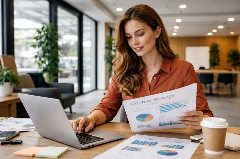 Copywriter reviewing content strategy documents while working on business messaging