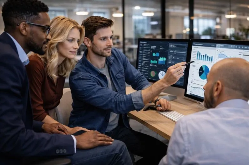 Data scientists collaborating with business leaders to review analytics and support data-driven decisions
