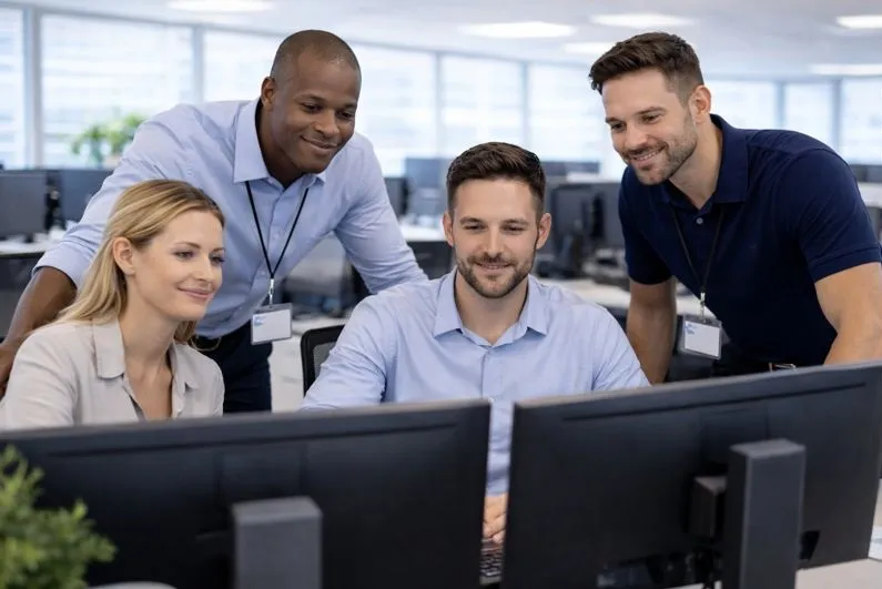IT support team collaborating on desktop systems in an enterprise office environment