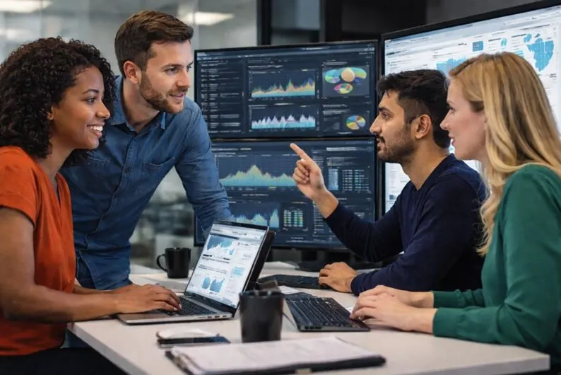 Machine learning engineers and data scientists collaborating on analytics dashboards