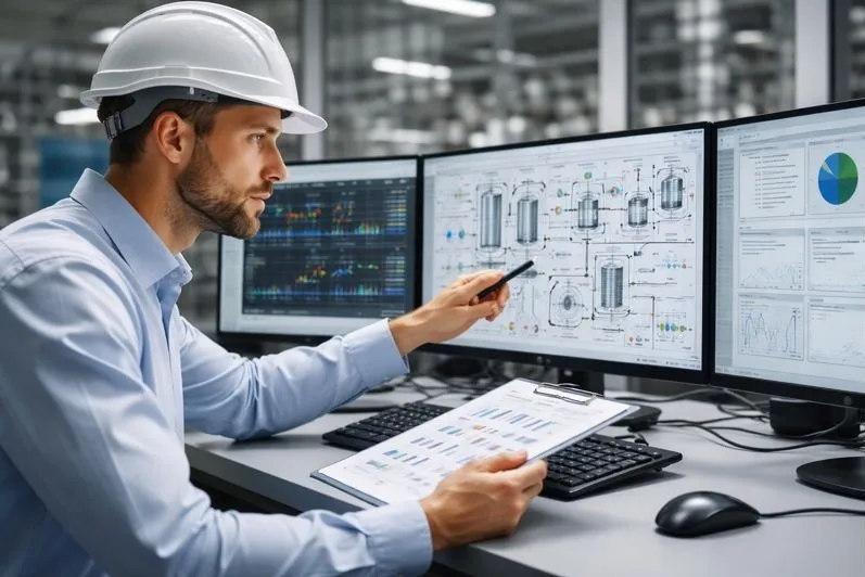 Process engineer analyzing manufacturing workflows and production data in an industrial facility