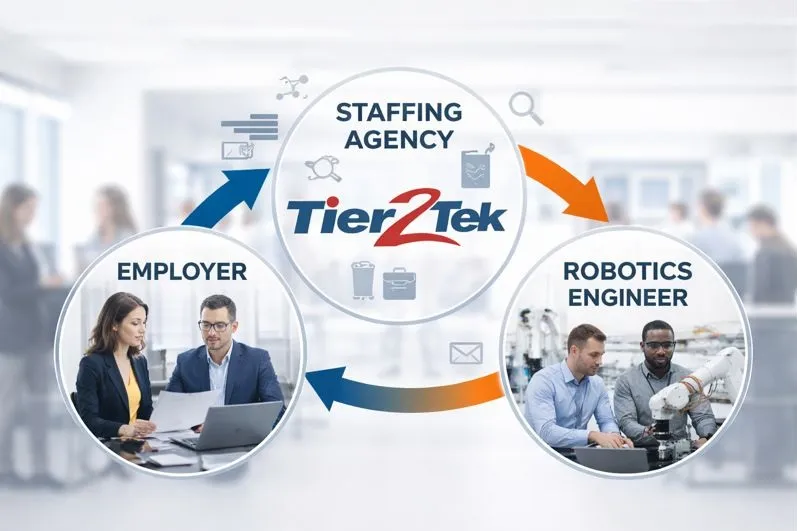 Robotics engineer staffing process connecting employers and robotics engineers through Tier2Tek
