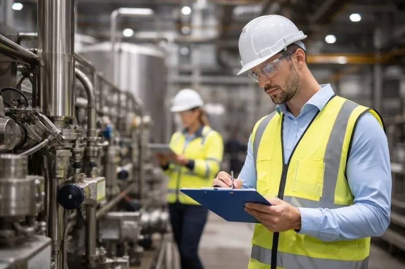 Safety engineer performing on-site equipment inspection and compliance review in an industrial facility.