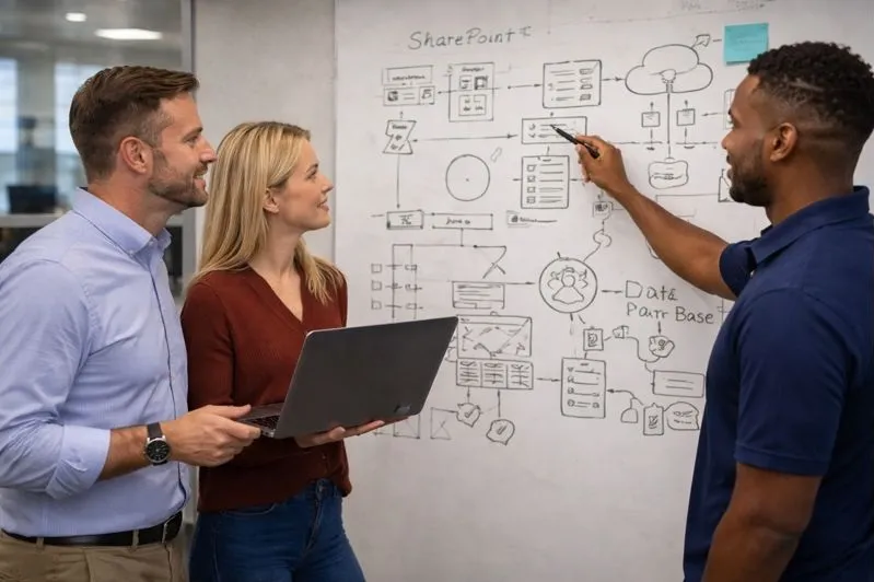 IT professionals reviewing SharePoint architecture and collaboration workflows