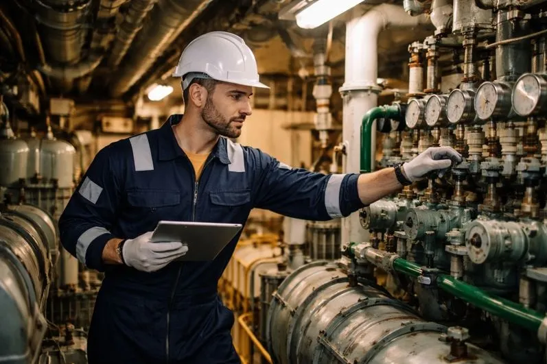 Ship engineer inspecting marine systems inside an engine room for direct hire staffing by Tier2Tek Staffing