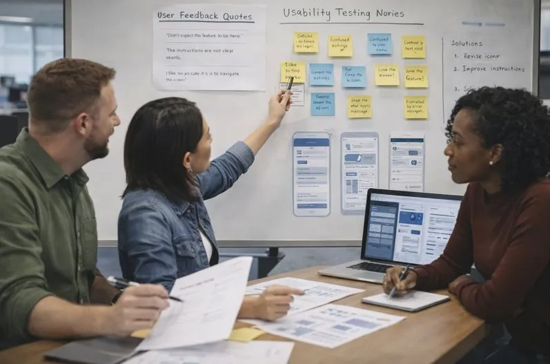 UX professionals reviewing user feedback and interface designs during UI UX staffing collaboration