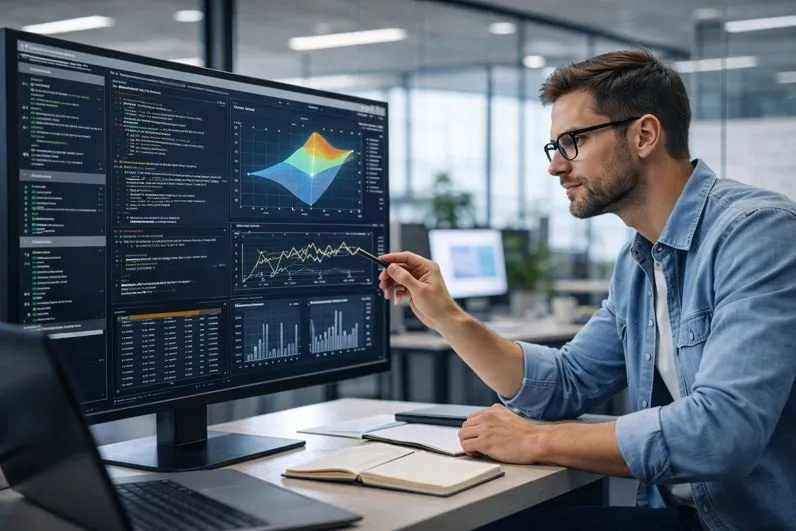 Algorithms engineer analyzing performance metrics and optimization models in a professional office environment.