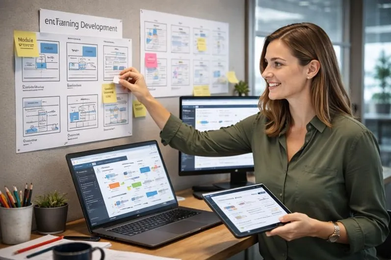Instructional designer developing eLearning storyboards and course outlines for corporate training programs