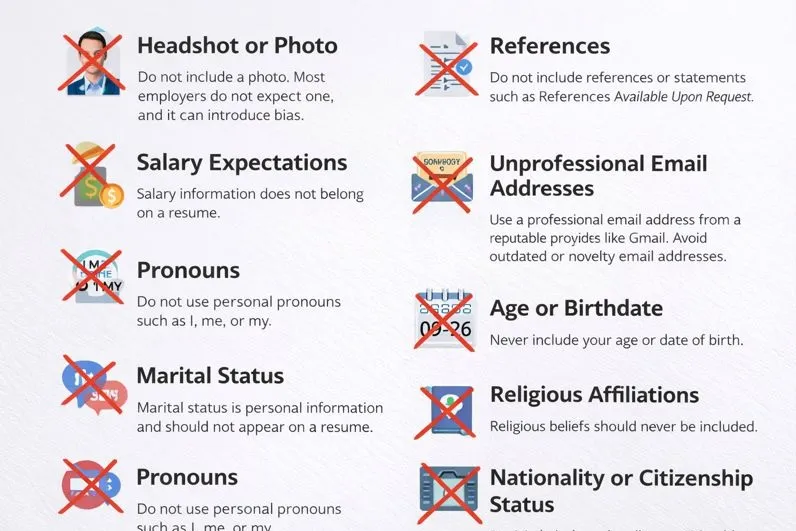 Infographic showing common resume mistakes such as photos, salary information, personal details, and unprofessional email addresses crossed out