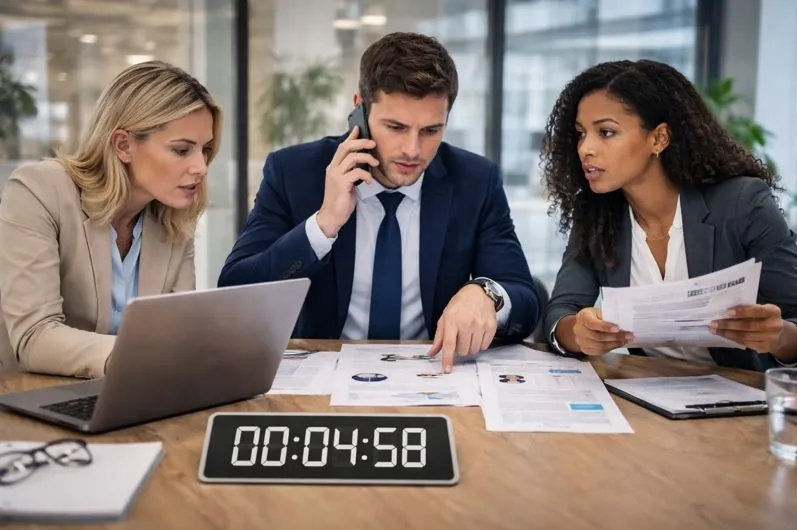 Recruiters making rapid hiring decisions under time pressure while reviewing candidates in a corporate office