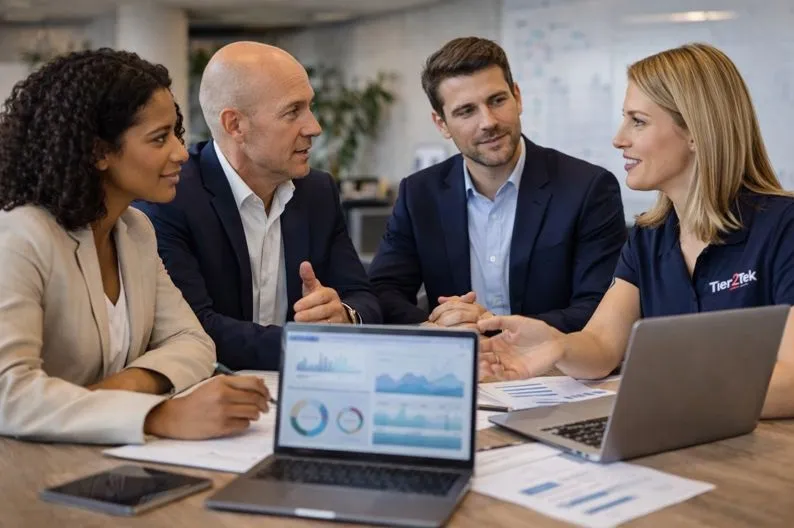 Executive team meeting with a Business Analyst to discuss strategy and data-driven business decisions.