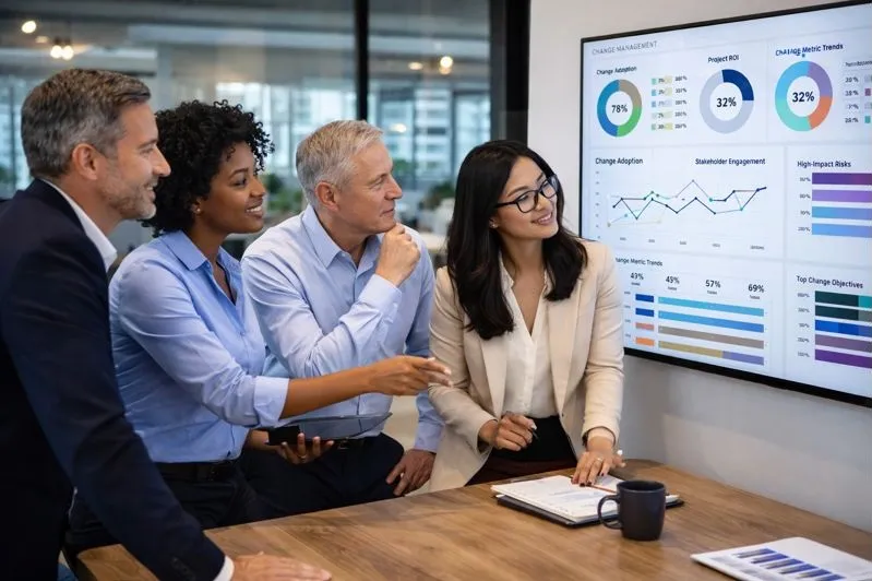 Leadership team reviewing change management performance metrics during enterprise transformation planning.