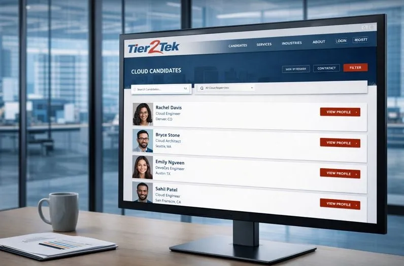 Tier2Tek cloud staffing platform displaying qualified cloud candidate profiles for direct hire roles