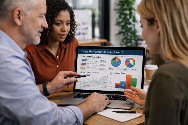 Marketing leaders reviewing copy performance metrics to guide copywriter hiring decisions