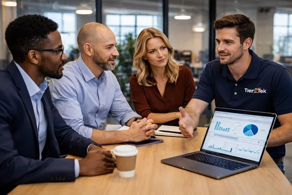 Business leaders meeting with a recruiter to plan direct hire data scientist staffing strategy