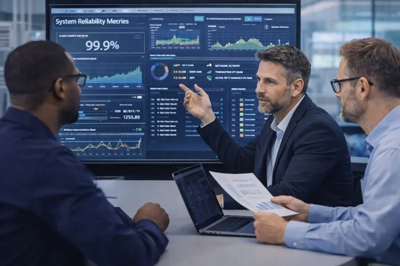 IT leadership reviewing database reliability and performance metrics