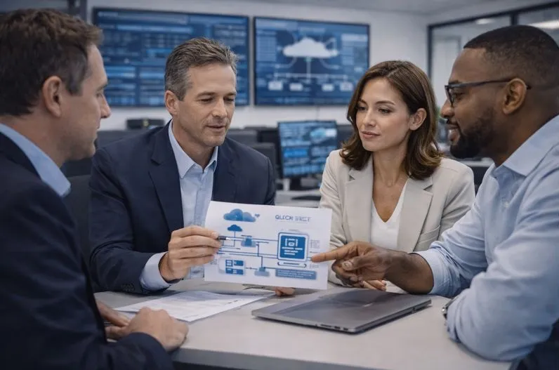 Enterprise technology leaders reviewing cloud infrastructure and DevOps strategy during a planning meeting