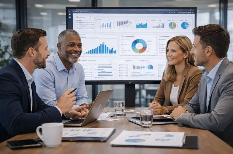 Executive team reviewing ERP performance metrics during enterprise planning