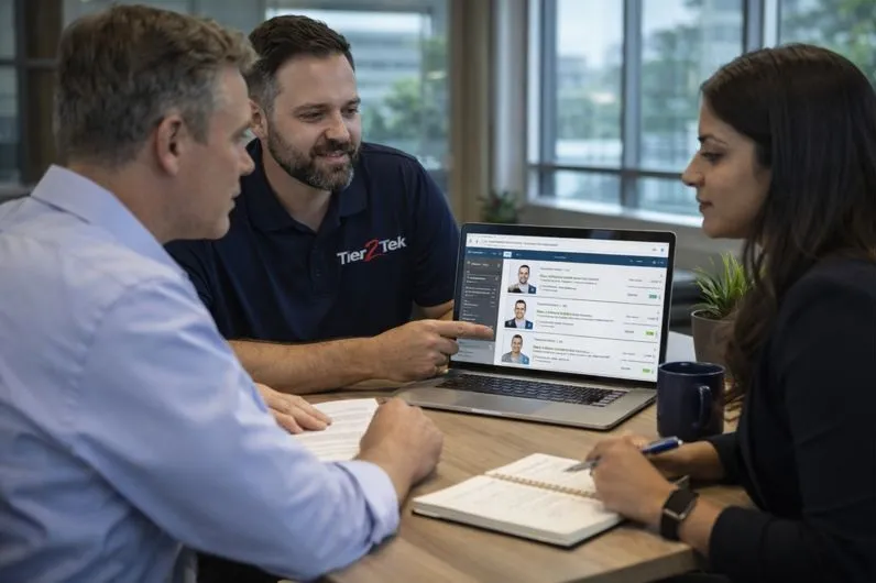 Tier2Tek Staffing recruiters and hiring managers reviewing instructional designer candidates for direct hire roles
