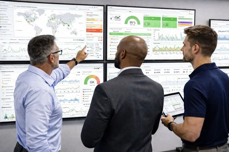 IT leaders reviewing network monitoring dashboards with real time performance data
