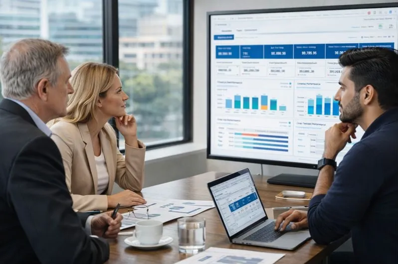 Executive leadership reviewing SAP operational data to support enterprise staffing decisions