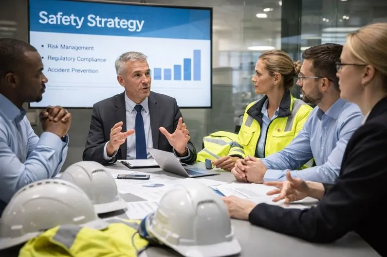 Leadership team discussing safety strategy and compliance supported by safety engineer staffing.