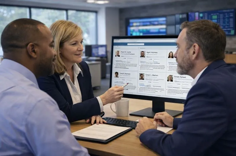 Business leaders reviewing ServiceNow candidate profiles with Tier2Tek Staffing