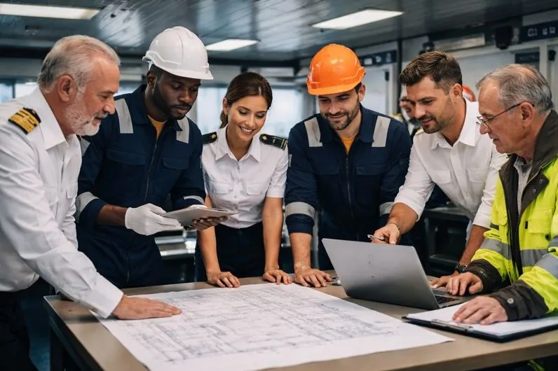 Ship operations team collaborating with ship engineers for direct hire staffing by Tier2Tek Staffing
